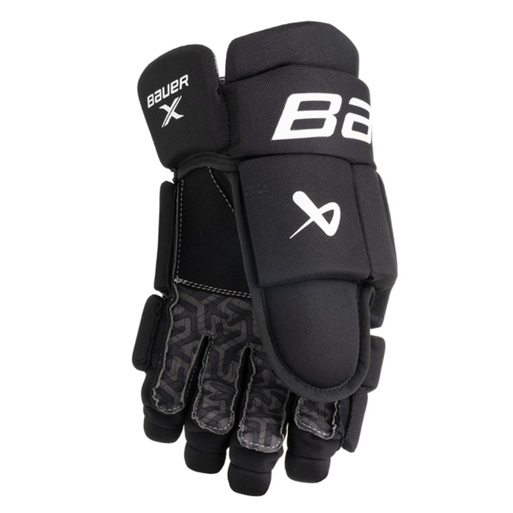 A black Bauer X hockey glove is shown against a white background.