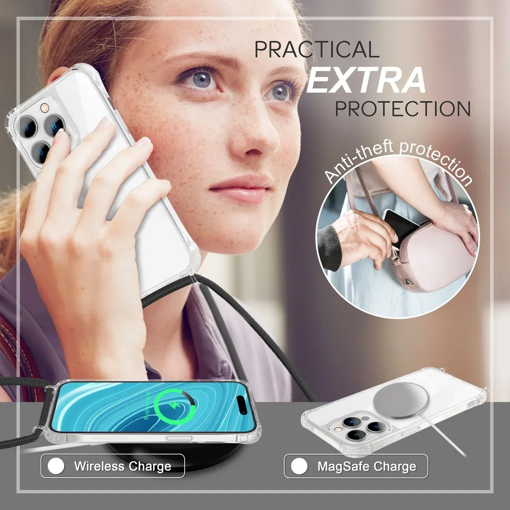 Magnetica Cover per iPhone 14 Pro con Cordino, [Compatibile con MagSafe] Custodia per iPhone 14 Pro Trasparente Antiurto Case con Laccio Tracolla Silicone TPU Cover con Collana per iPhone 14 Pro, Nero