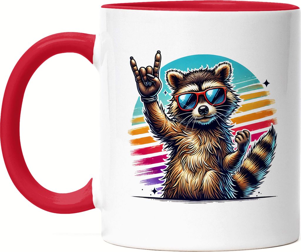 Waschbär Sonnenbrille Tasse rot Rock'n'Roll Retro Cool Tier Style