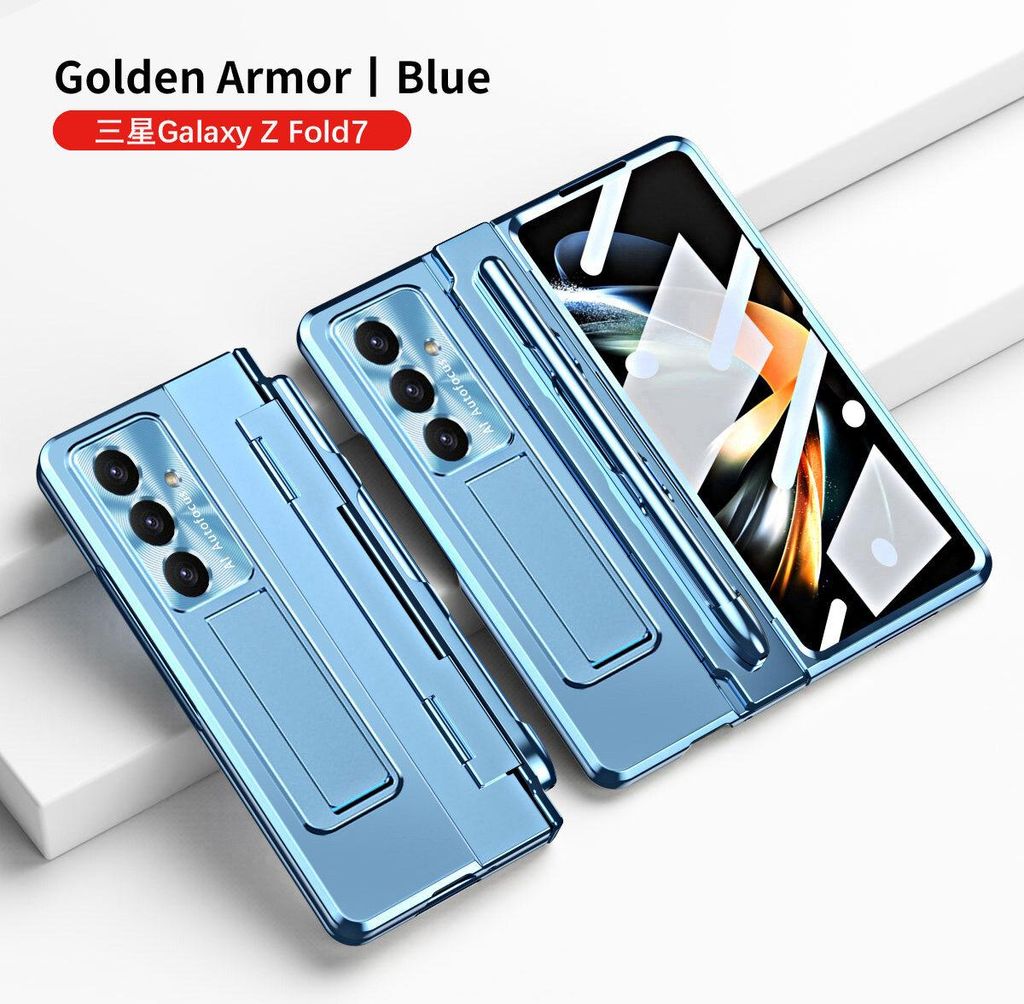 Hülle für Samsung Galaxy Z Fold 7 mit Displayschutz, Stifthalter und Objektivschutz Luxus Galvanisierte Ständer Schutzhülle Blau