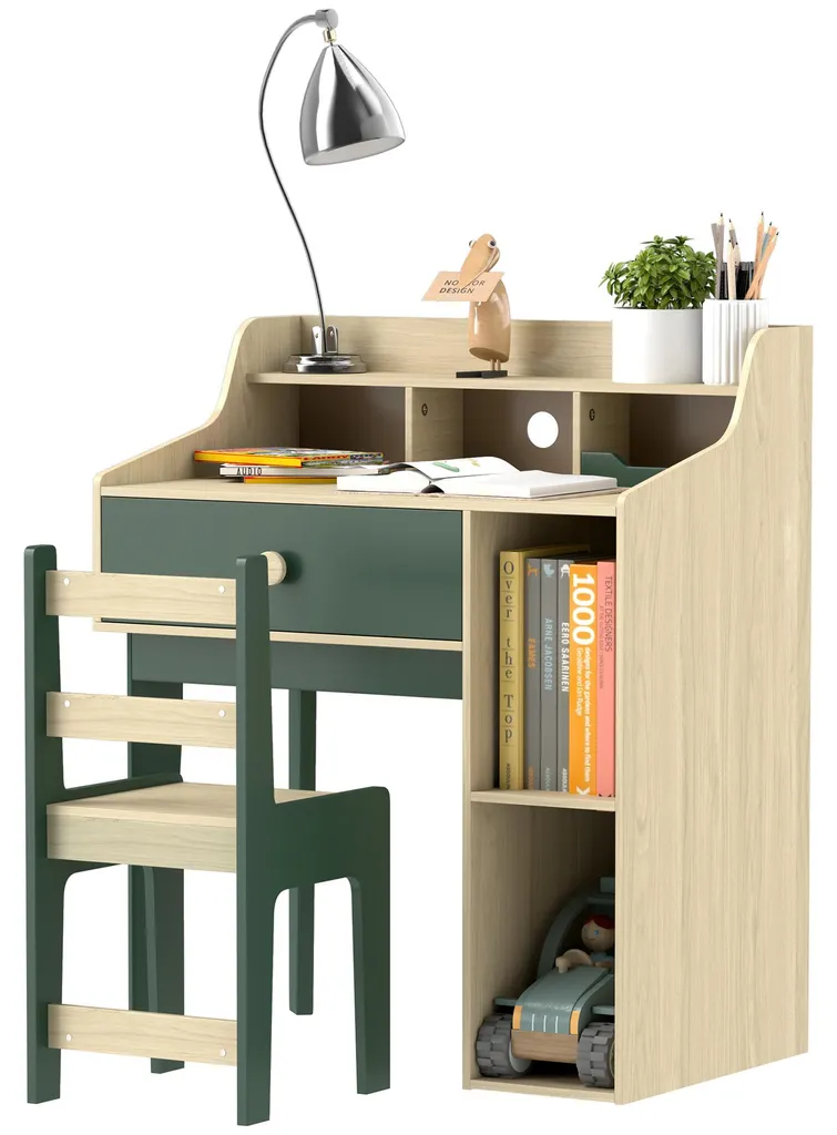 Coin bureau enfant avec bibliothèque et chaise verte pour devoirs et dessin