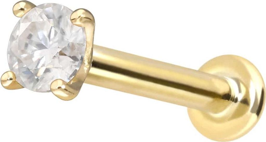 Ohrpiercing, Nasenpiercing 14 Karat Gold Labret mit Push Fit MOISSANIT Gold Stablänge: 8mm | Stabstärke: 1,2mm | Kristallgröße: 3mm
