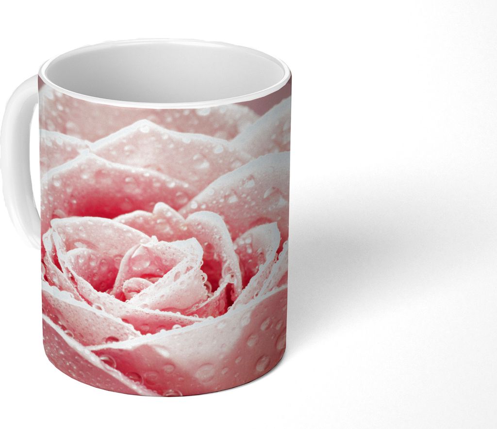MuchoWow Tasse Kaffeetasse Kaffeebecher 350 ml Frühe Tautropfen auf einer rosa Rose Teetasse - Fototasse - Becher - Keramikbecher - Teebecher - ...