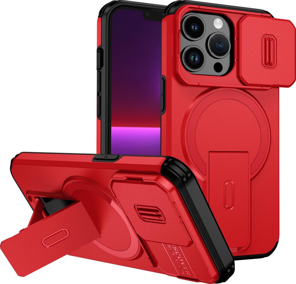 Magnetisch Hülle für iPhone 13 Pro, Dual Layer Stoßfest Handyhülle mit Dia Kameraschutz, Verstellbarem Ständer Rot