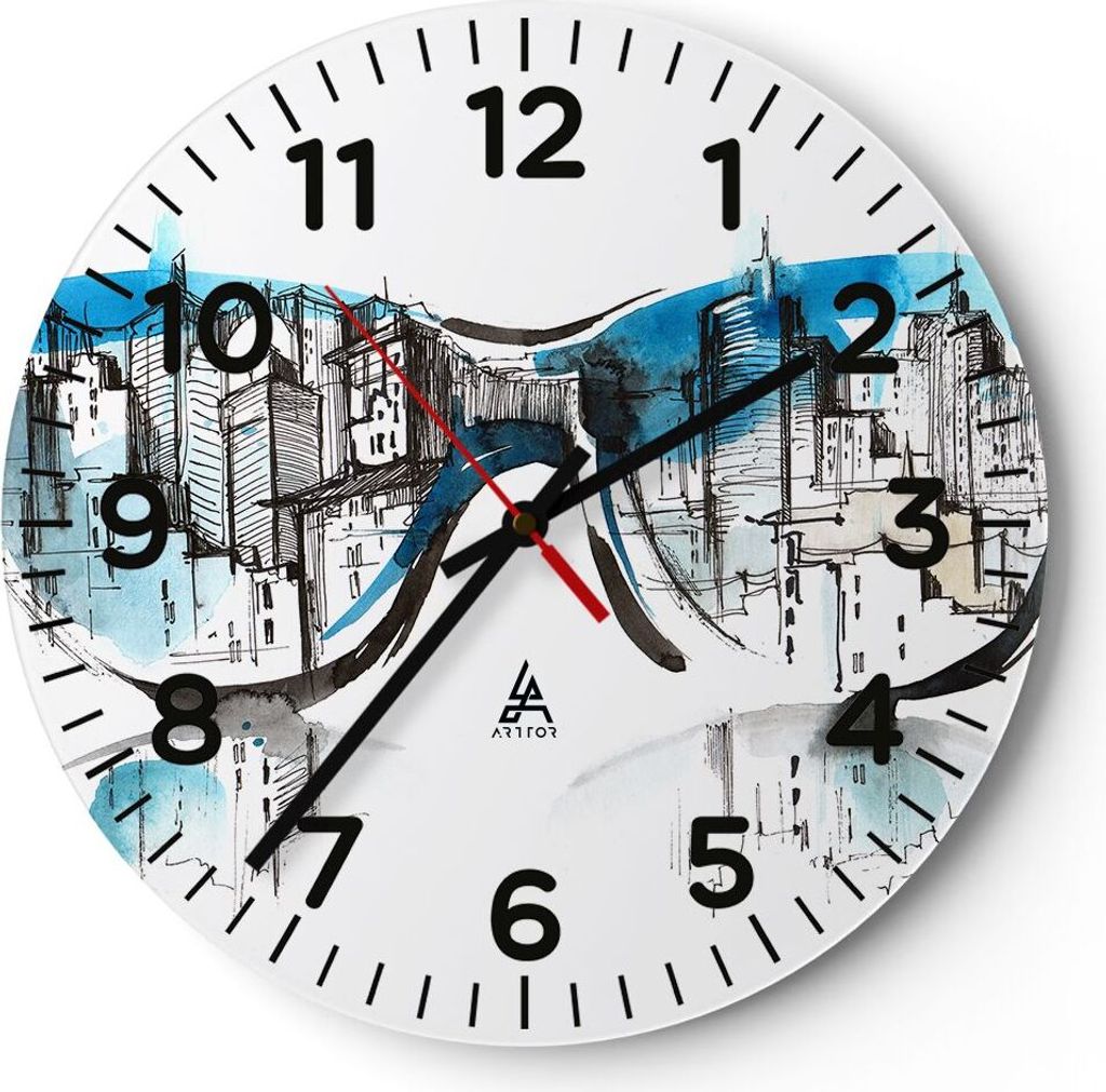 Wanduhr - Rund - Glasuhr - Gläser Fenster Gebäude Wolkenkratzer - 40x40cm - Schleichendes Uhrwerk - Lautlos - zum Aufhängen bereit - Dekoration ...
