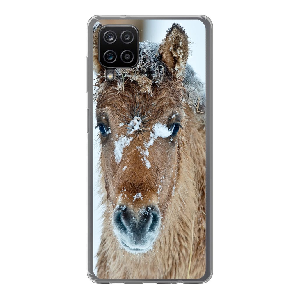 MuchoWow Handyhülle Schutzhülle Hülle für Samsung Galaxy A12 Junges Fjordpferd mit Schnee bedeckt Silikon Softcase Handy Hülle - Bild