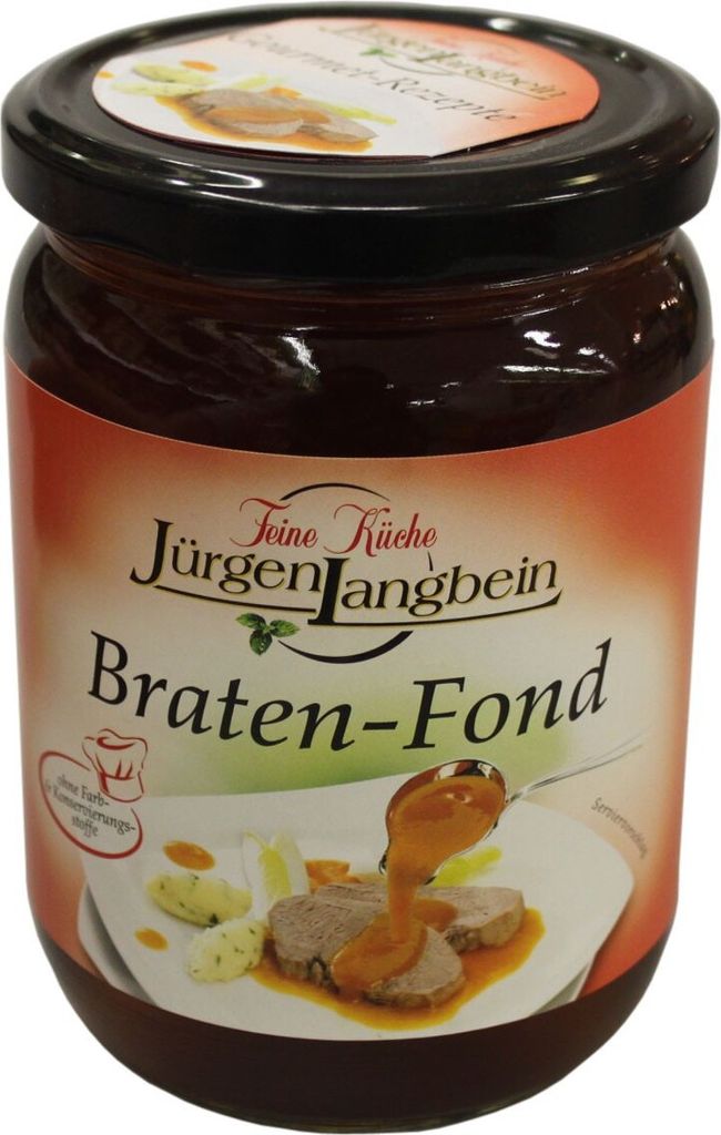 A jar of Jürgen Langbein Braten-Fond with a picture of food on the label.