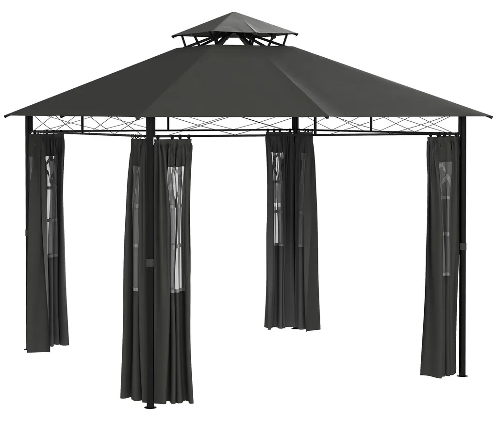Pavillon 3x3m avec Parois Latérales et Double Toit en Métal Gris Foncé