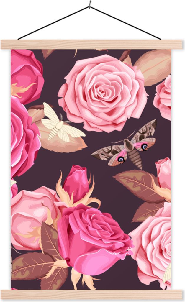 MuchoWow Textilposter Natur - Rosen - Schmetterlinge 40x60 cm mit holzfarbenen Rahmen - Poster