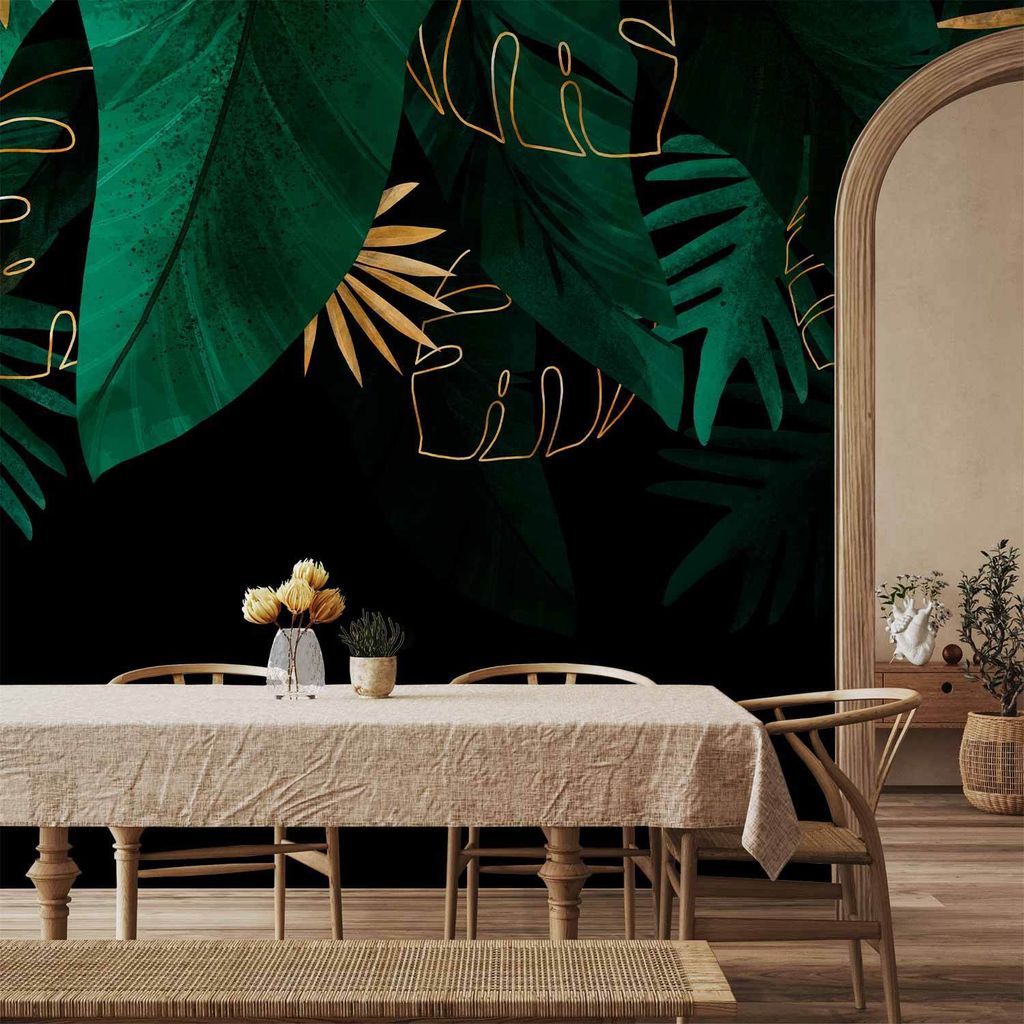 Vlies Fototapete - Jungle and composition - motif of green and golden leaves on a black background 350x256 cm Blätter b-A-10169-a-a