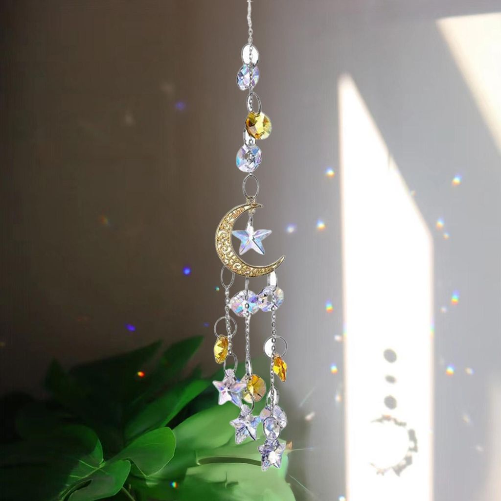 Mond-Sonnenfänger, prismatischer Regenbogenmacher, Pentagramm-Perlen-Sonnenfänger, Fensterhänger-Ornament für Schlafzimmer- und Gartendekoration D