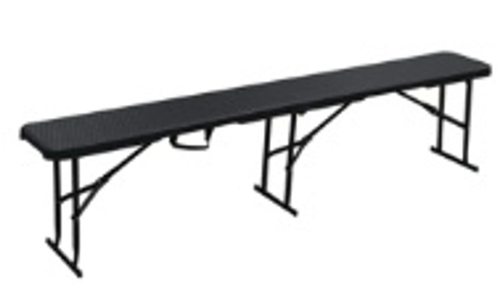 A long, black, folding bench with a rattan-like texture on a white background.