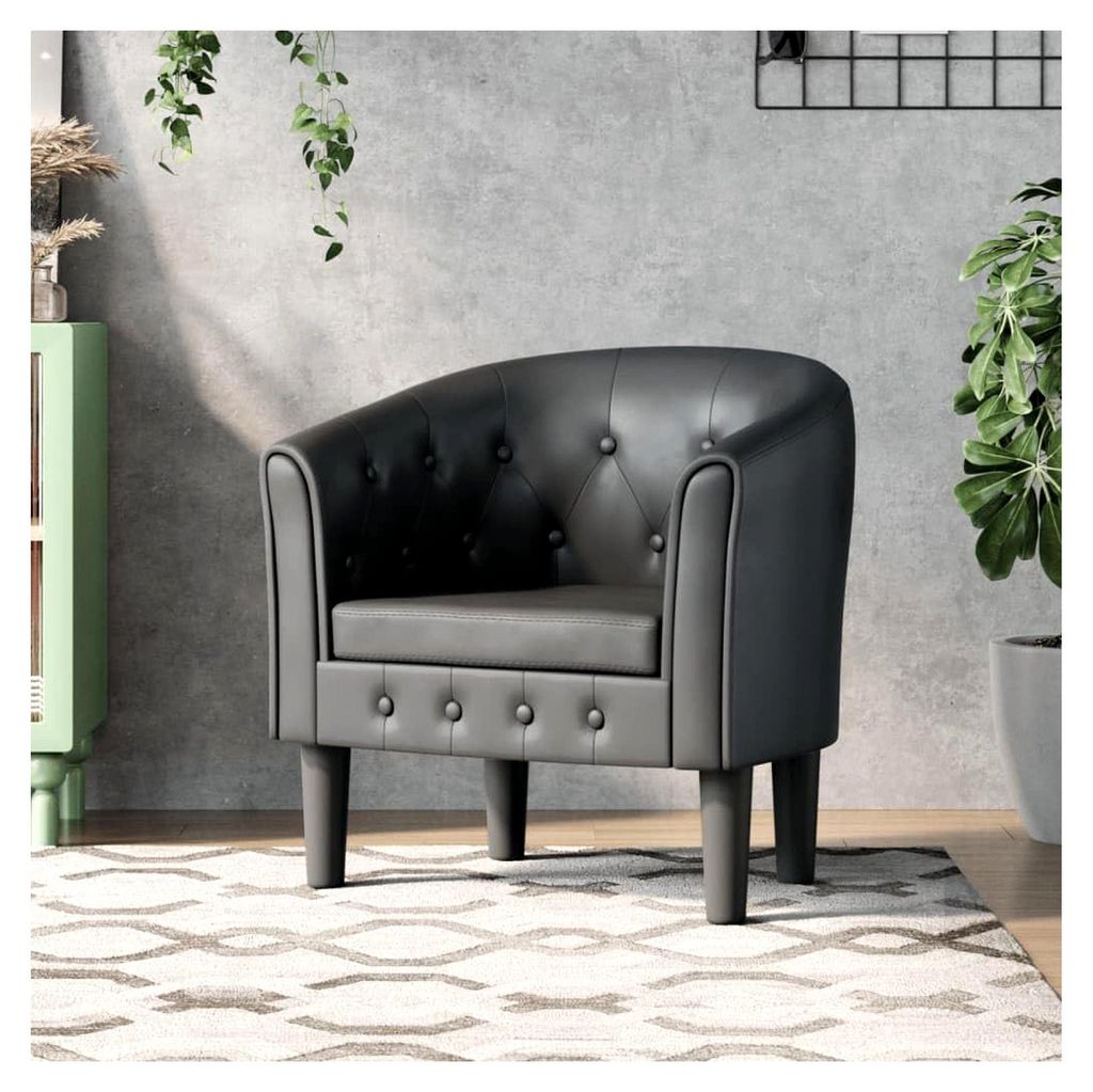 Clubsessel Grau Kunstleder, Moderner Lounge Sessel mit Knopfheftung, Bequemer Relaxsessel für Wohnzimmer, Schlafzimmer, Büro, Robuster Lesesessel