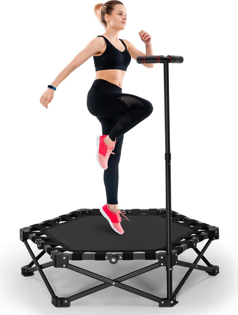 Fitness-Trampolin - Minitrampolin mit Haltegriff - Traglast 150 kg - Rutschfester Griff - Höhenverstellbar - Leise - Für Kinder & Erwachsene - Sc...