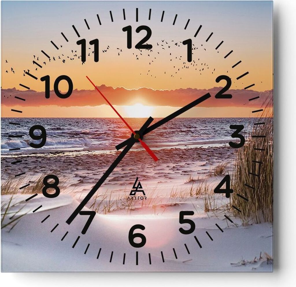 Wanduhr - Quadrat - Glasuhr - Sonne Strand Vögel - 30x30cm - Schleichendes Uhrwerk - Lautlos - zum Aufhängen bereit - Dekoration Modern - Wanddek...