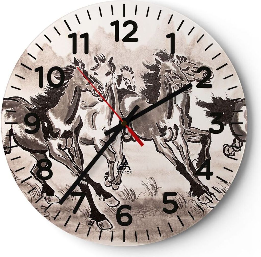 Wanduhr - Rund - Glasuhr - Pferd Abbildung Natur - 30x30cm - Schleichendes Uhrwerk - Lautlos - zum Aufhängen bereit - Dekoration Modern - Wanddeko...