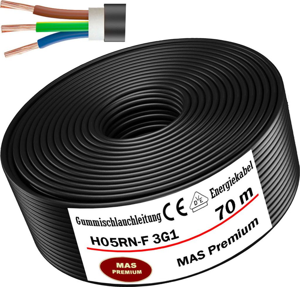 70m Gummischlauchleitung Baustellenkabel H05RN-F 3G1 Flexibel für Geräten