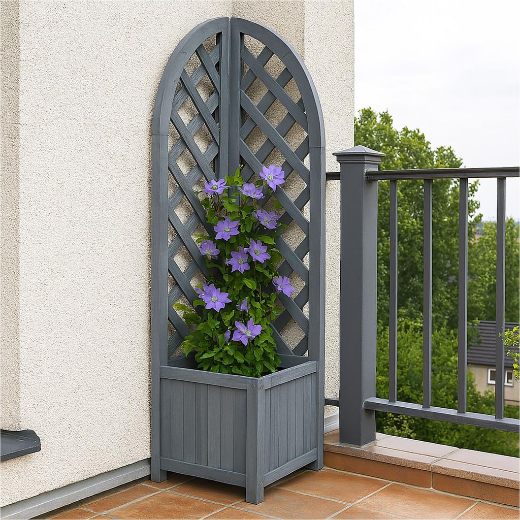 Pflanzkasten mit Rankgitter aus Holz Blaugrau Blumenkasten für Balkon, Terrasse und Garten
