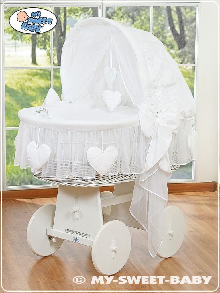 Spädbarnssäng aus Naturfaser weiß MY SWEET BABY mit beweglichem Korb und Holzunterlage