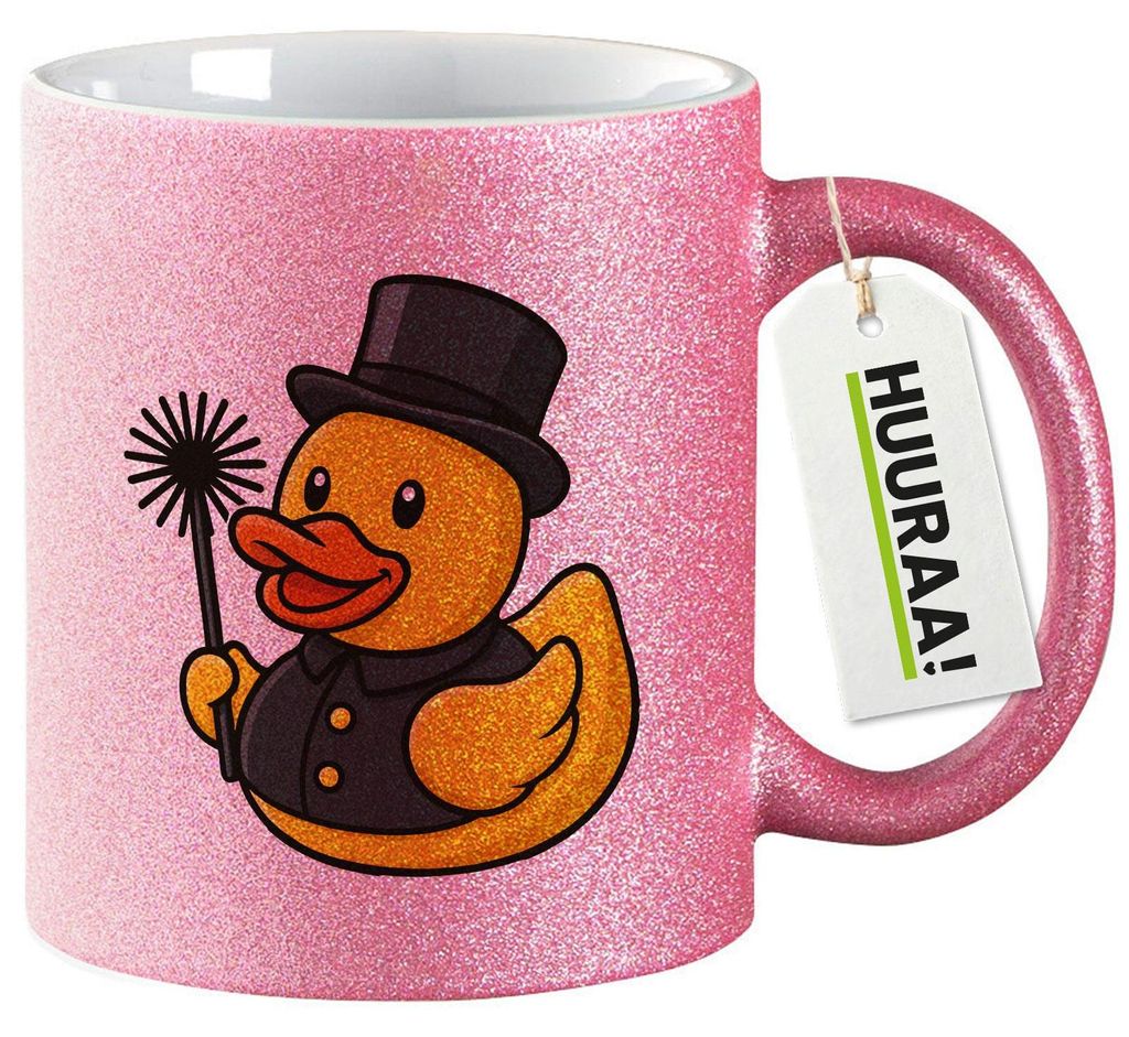 Huuraa Glitzertasse Quietscheente Schornsteinfeger Gummiente Kaminfeger 330ml Pink Keramik Kaffeebecher Geschenkidee