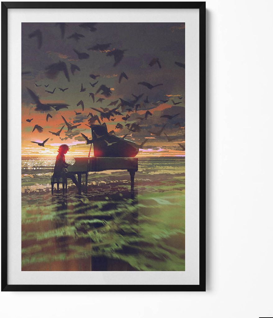 Konzert am Strand– Wandbild mit Rahmen – Gerahmtes Bild – Wanddekoration – 70x100 cm – Schwarz Rahmen