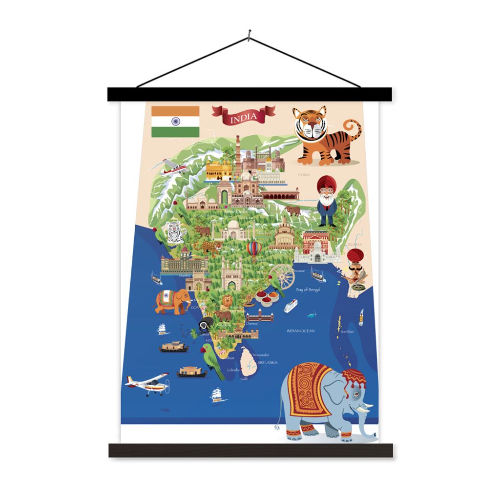 MuchoWow Textilposter Illustration der Karte von Indien im Cartoon-Stil 60x80 cm mit schwarzem Rahmen - Plakathalter