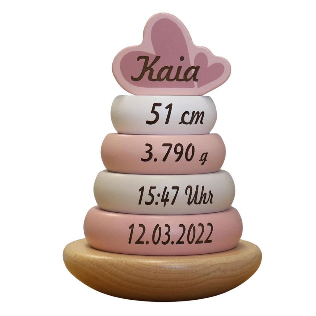 Holz Stapelturm rosa personalisiert mit Name und Geburtsdaten Baby Geschenk mit Gravur Geschenk zur Geburt oder Taufe