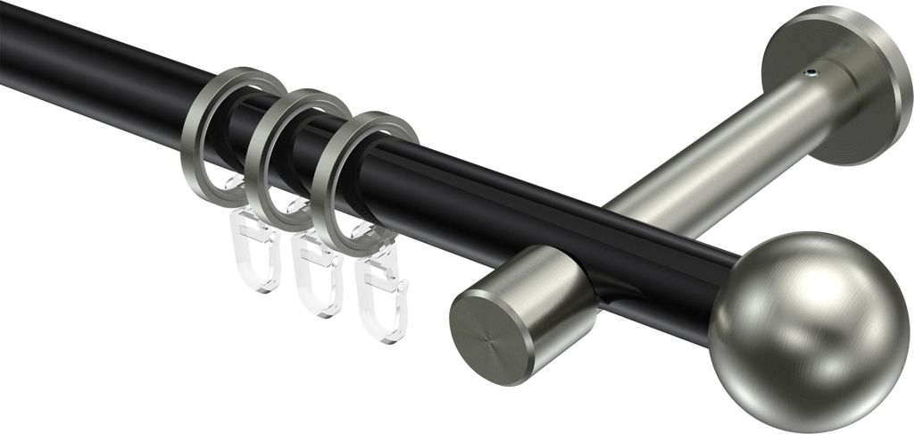 Interdeco Gardinenstange / Vorhangstange Schwarz / Edelstahl-Optik, Typ Prestige Luino (Kugel), 20 mm Ø 1-läufig, 480 cm