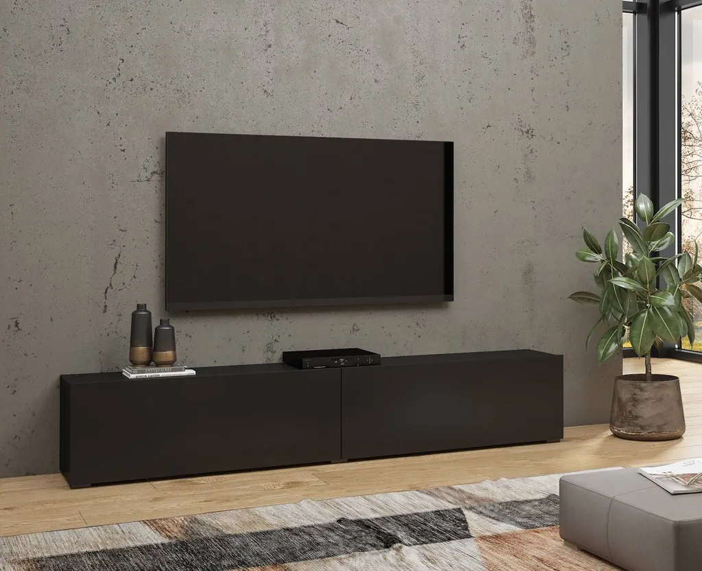 Meuble TV BONA Noir et Bois pour Salon Moderne - Rangement Multimédia