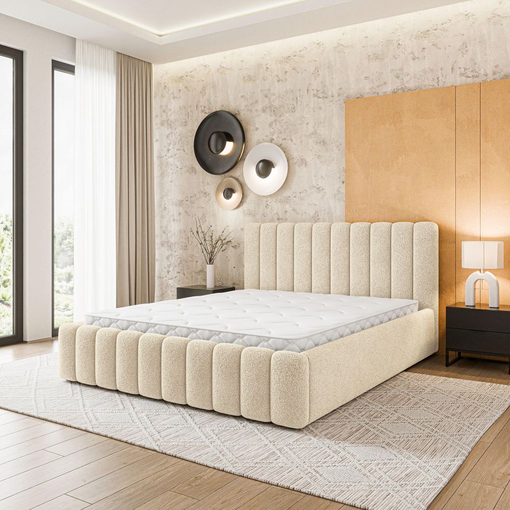 Masseno Polsterbett DINESE Q 140x200 cm, Polsterbett mit Bettkästen - Creme, QUELLE 02