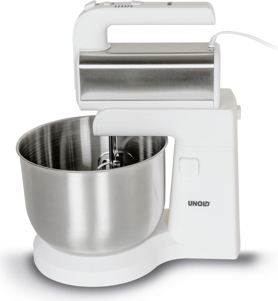 A white hand mixer with a silver bowl and attachment is shown in a studio setting against a white background.