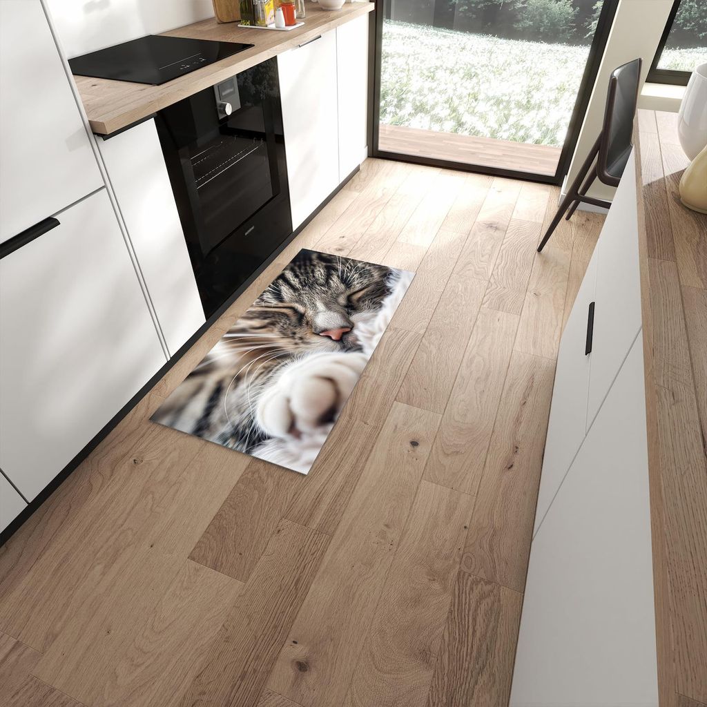 Küchenteppich 60x120cm rutschfest & abwischbar PVC Läufer - Schlafende Katze