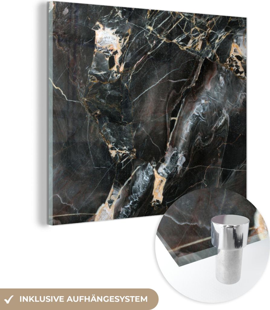 MuchoWow Glasbilder - Bilder auf Wandbild - Foto auf Glas Marmor - Schwarz - Gold - Muster 50x50 cm Wanddekoration aus Glas - Acrylglasbild - Acryl...
