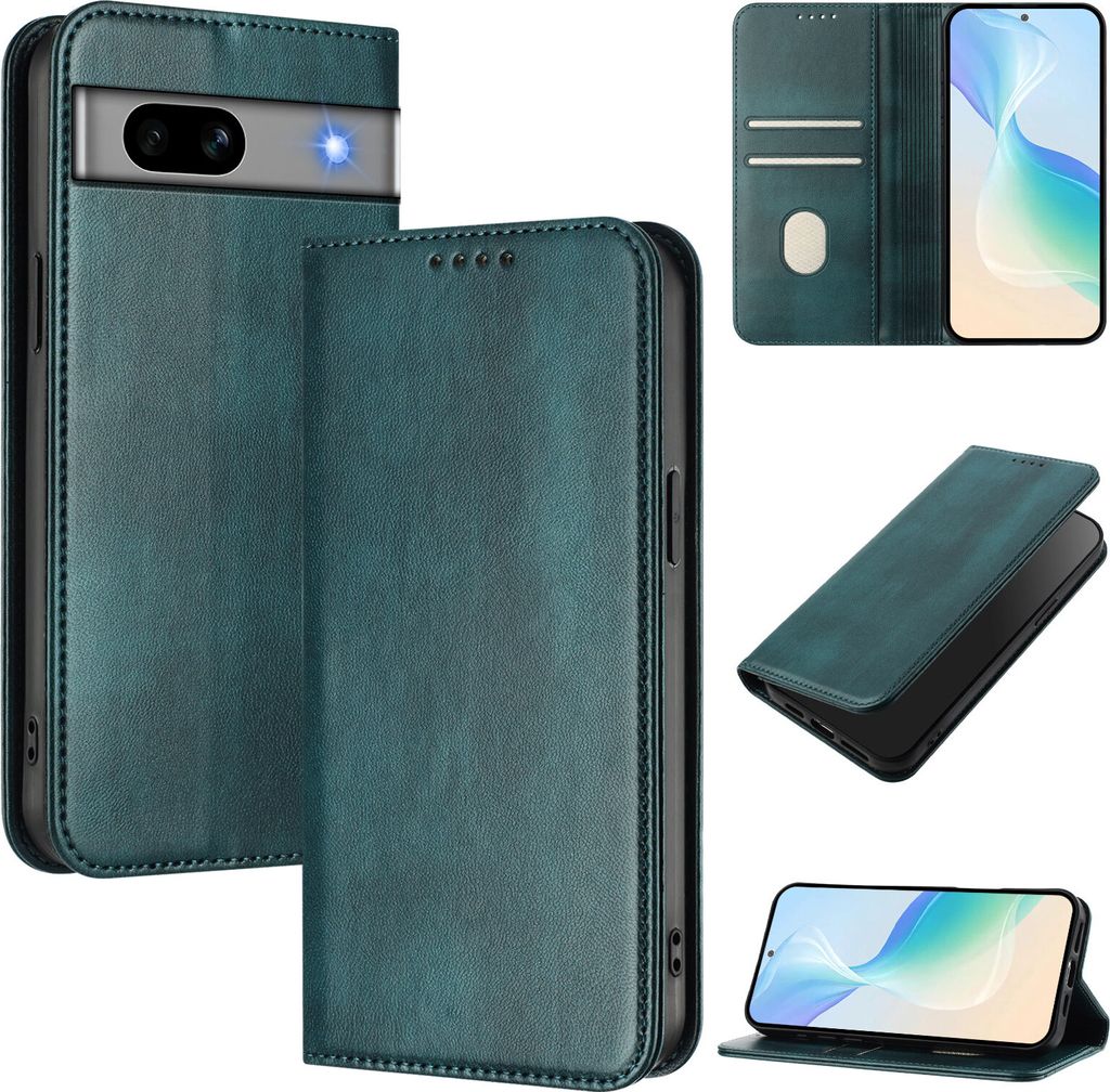 Handyhülle für Google Pixel 7A, Vintage Leder RFID Schutz Kartenfach Standfunktion Magnetische Klapphülle Grün