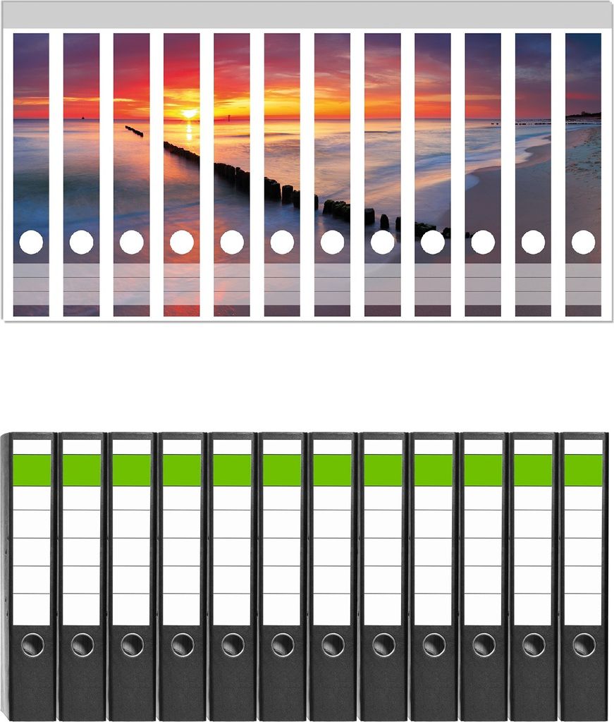 Wallario 12 Stück schmale Ordner inkl. Klebeetiketten mit Motive Farbenspiel im Himmel - Sonnenuntergang am Strand - Set mit Rückenschildern / O...