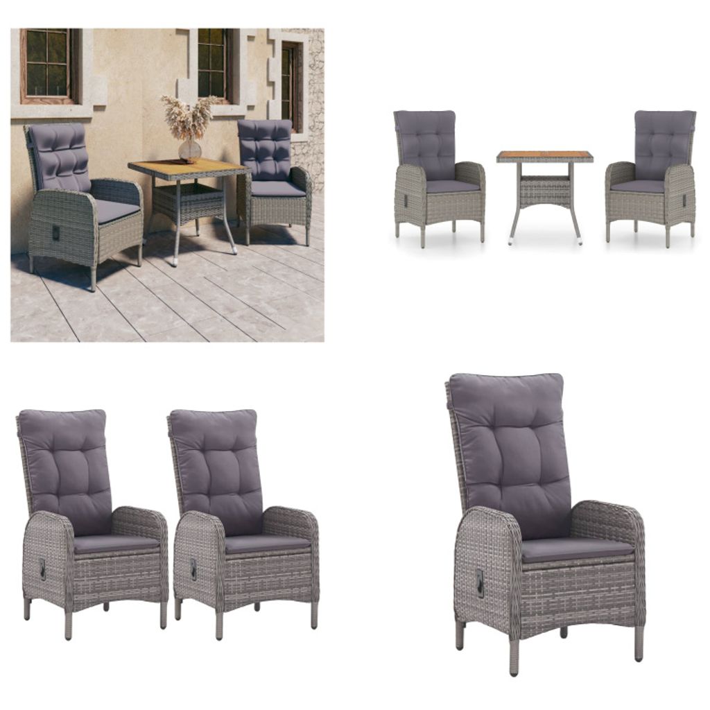 vidaXL 3 tlg. Garten Essgruppe Poly Rattan und Akazienholz Grau - Gartenmöbel-Set - Gartenmöbel-Sets - Gartentisch Und Stühle - Gartentische Und...
