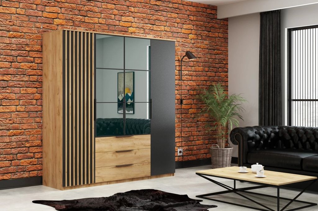 Šatní skříň 200 ORYNA se zrcadly - dub craft zlatý Obrázek produktu 