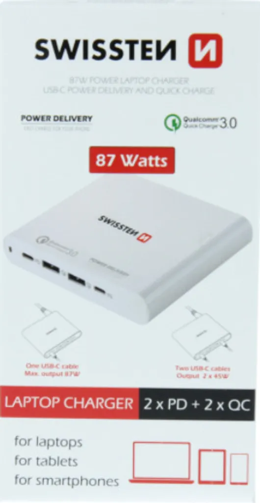 Adaptateur Swissten 87W - Chargeur 2xUSB-C Power Delivery et 2xUSB QC 3.0