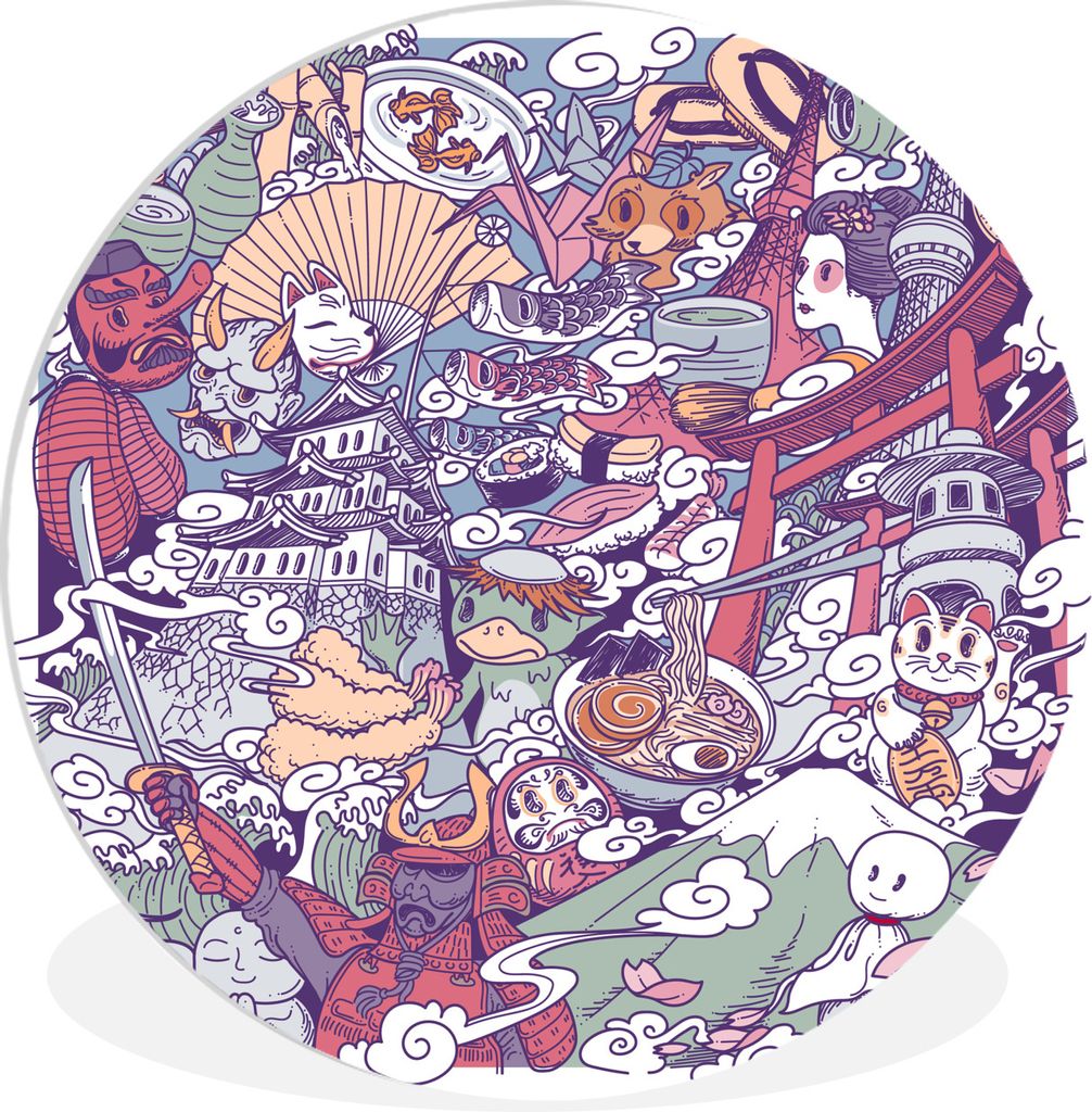 MuchoWow Rundes Wandbild - Runde Bilder Illustration der japanischen Kultur Ø 90 cm Kreis Wanddekoration Kunststoff - Wandkreis - Wandschmuck - ...