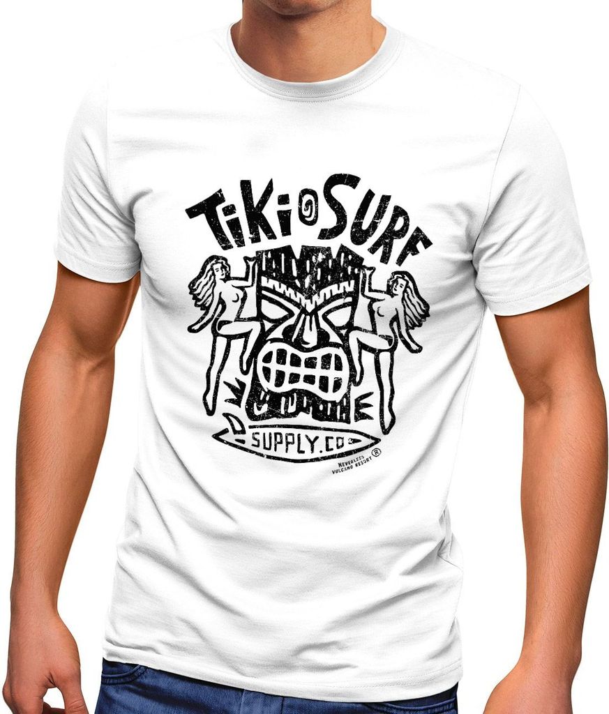 Herren T-Shirt Tiki Maske Surf Honolulu Hawaii Beach Supply Sommer Sonne Printshirt Aufdruck Fashion Streetstyle Neverless weiss schwarz S
