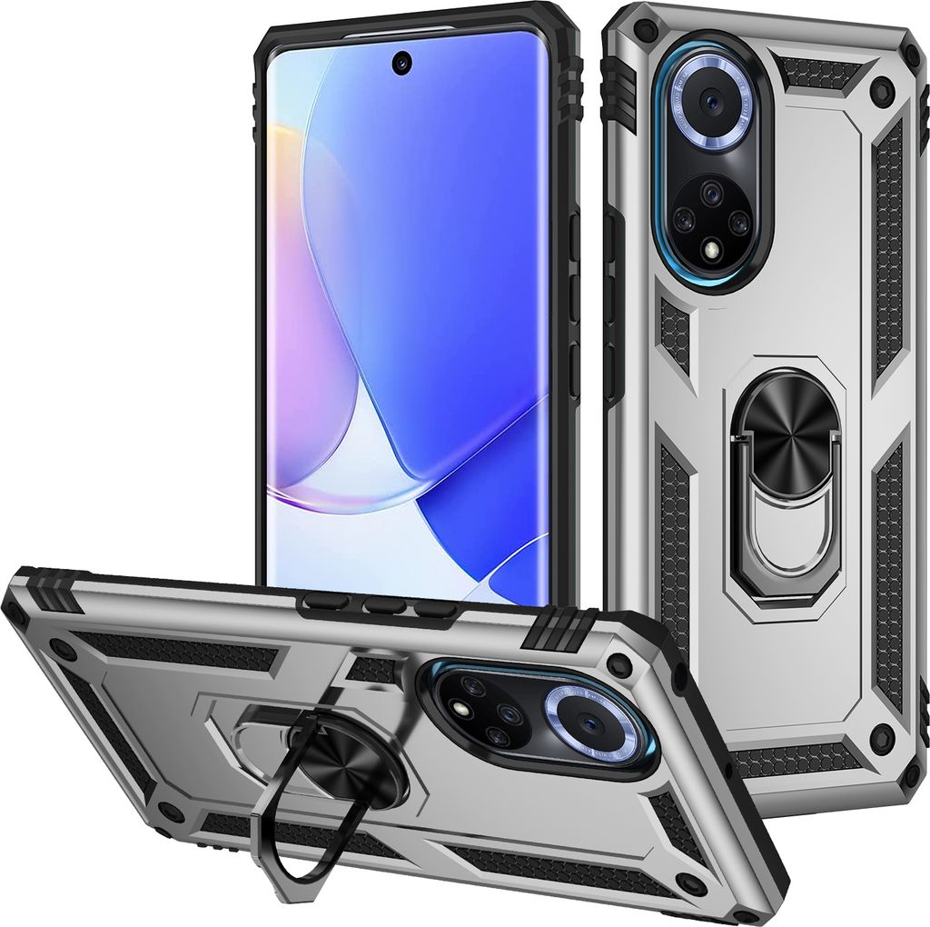 Honor 50 Hülle, Dual Layer Robust Militäre Schutzhülle mit Ringhalterung Ständer für Honor 50 Silber