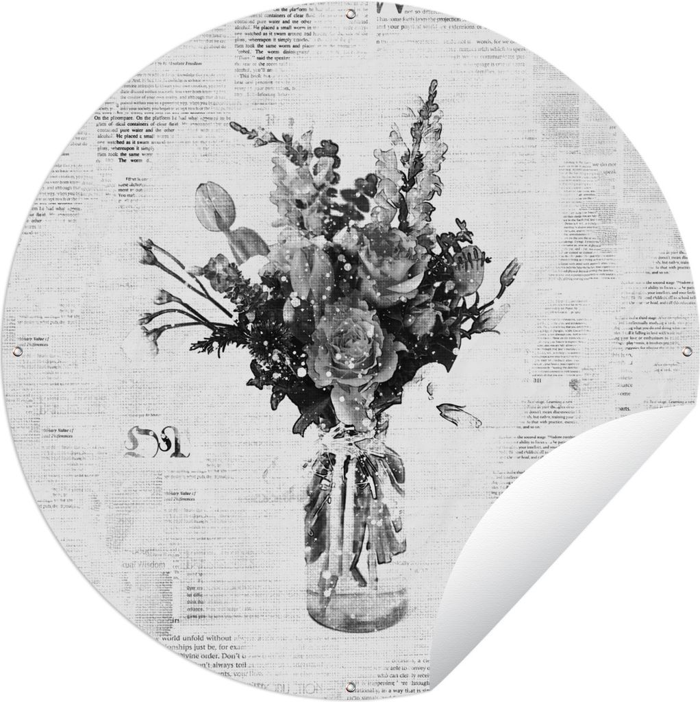 MuchoWow Gartenposter Outdoor-Poster Rund Vase - Blumen - Zeitung - Schwarz - Weiß Ø 90 cm Gartendeko Rundes Poster draußen
