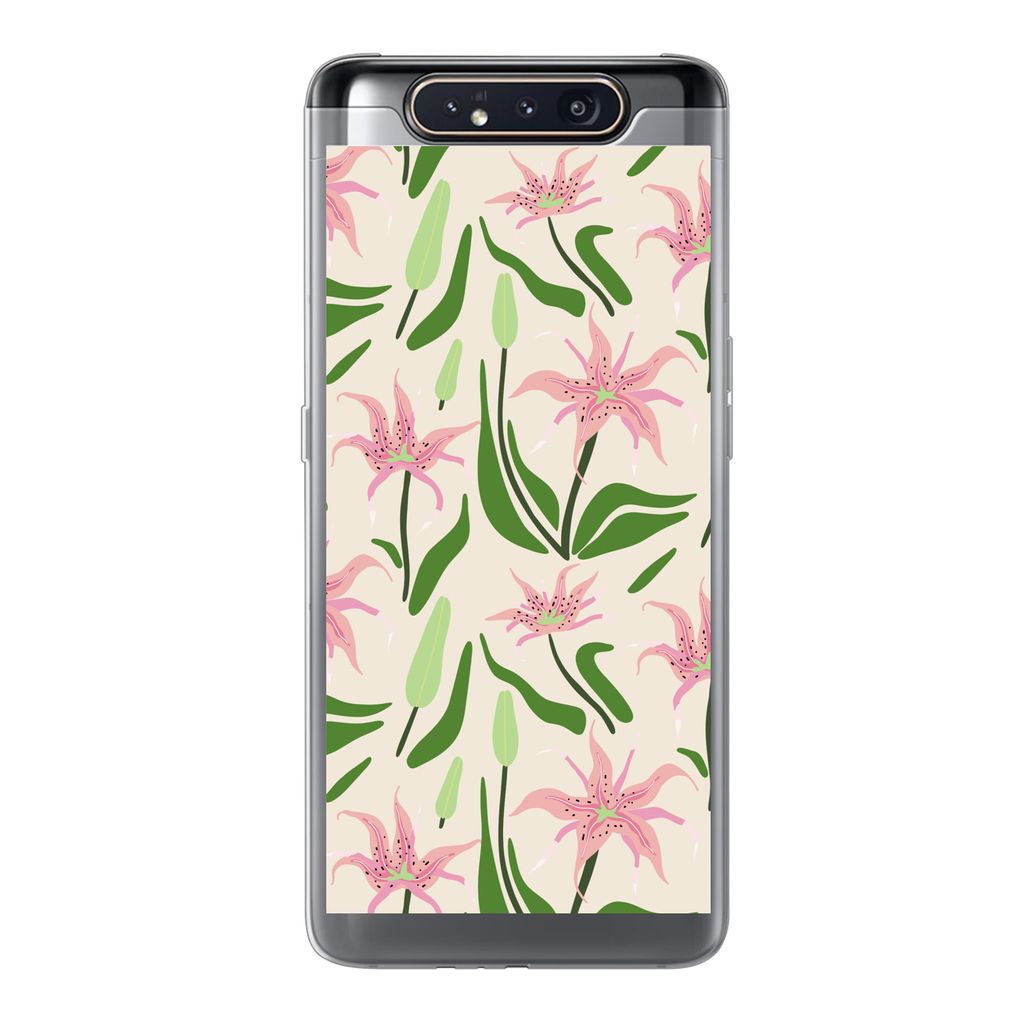 MuchoWow Handyhülle Schutzhülle Hülle für Samsung Galaxy A80 Blume - Rosa - Blatt Silikon Softcase Handy Hülle - Schutzdeckel