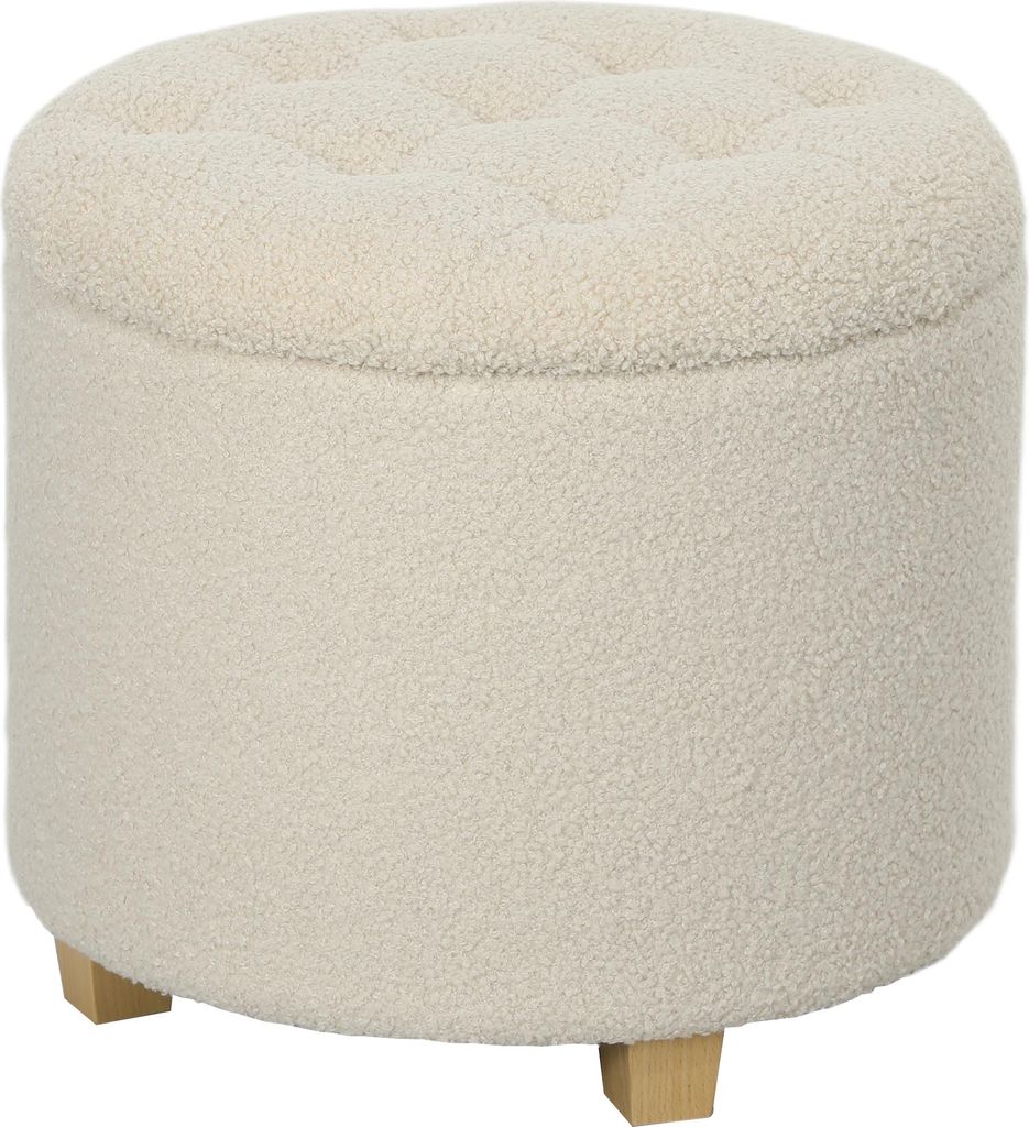 Runder Sitzhocker mit Stauraum, Deckel und Holzbeinen, Fußhocker für Wohnzimmer, Flur, Schlafzimmer, Cremeweiß