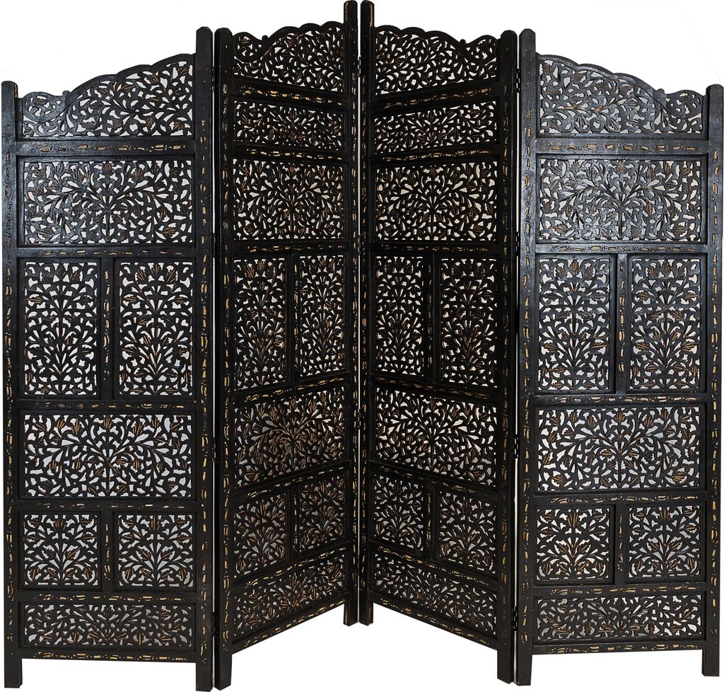 Orientalischer Paravent Raumteiler aus Holz Saraswati 200 x 180cm hoch in Braun | Indischer Trennwand als Raumtrenner oder Dekoration im Zimmer ode...