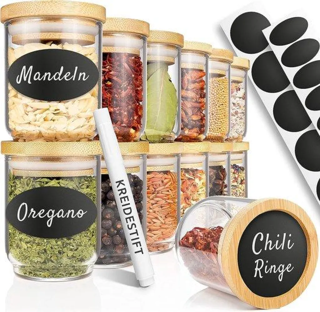12 Pots à Épices en Verre de 150 ml avec Couvercle Bambou et Étiquettes