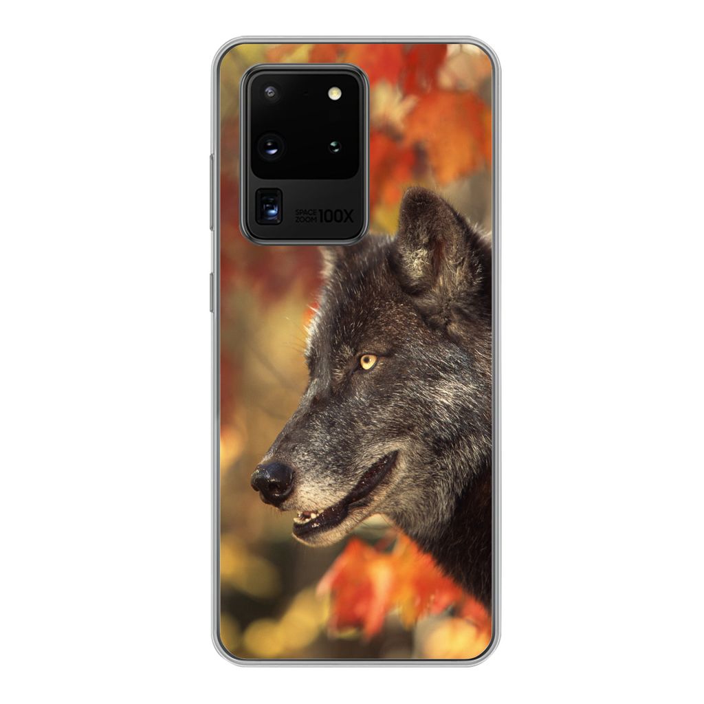 MuchoWow Handyhülle Schutzhülle Hülle für Samsung Galaxy S20 Ultra Wolf - Nahaufnahme - Blätter Silikon Softcase Handy Hülle - Karteninhaber