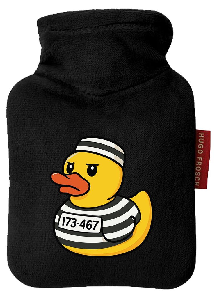 Huuraa Mini-Wärmflasche Quietscheente Gefängnis Gummiente Knast 0,2 Liter Black Mini Veloursbezug Taschenwärmer Geschenkidee
