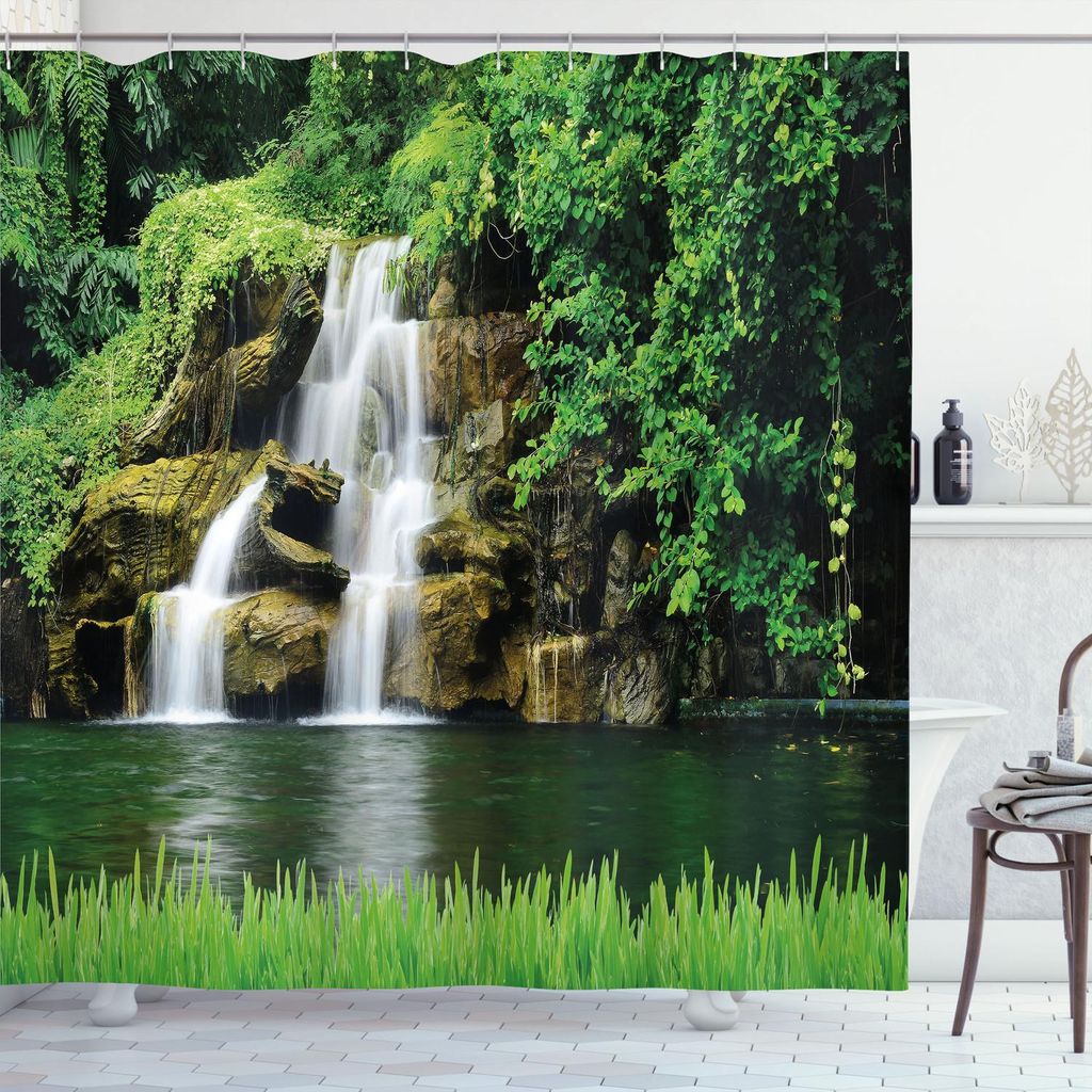 ABAKUHAUS Wasserfall Duschvorhang, Doppelte Wasserfälle fließen zum natürlichen grünen See mit Büschen und Gras wie Garten-Druck, 175 x 220 cm...