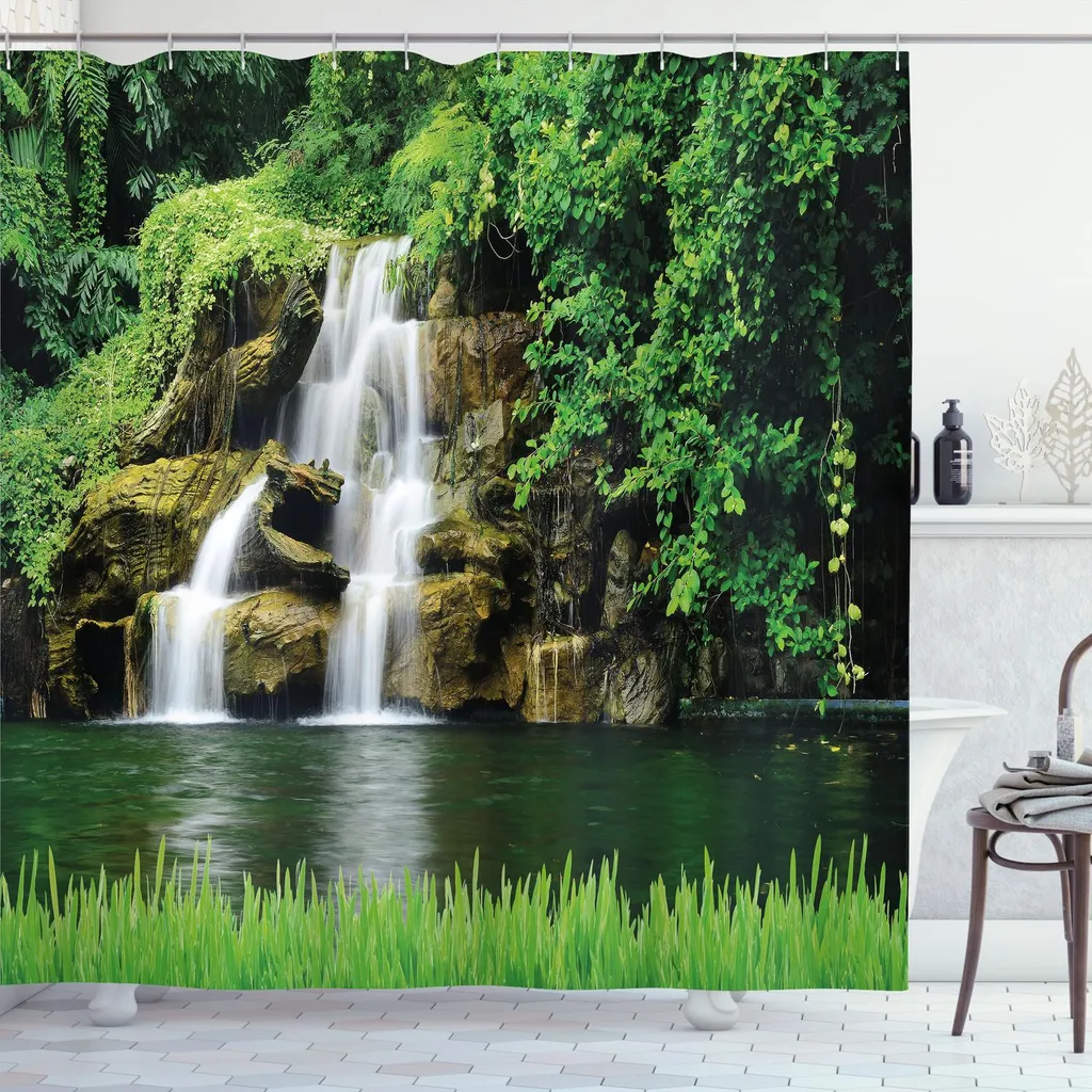 ABAKUHAUS Tenda da doccia con cascata, doppie cascate che scorrono verso un lago verde naturale con cespugli ed erba come stampa da giardino, 175 x 220 cm, verde